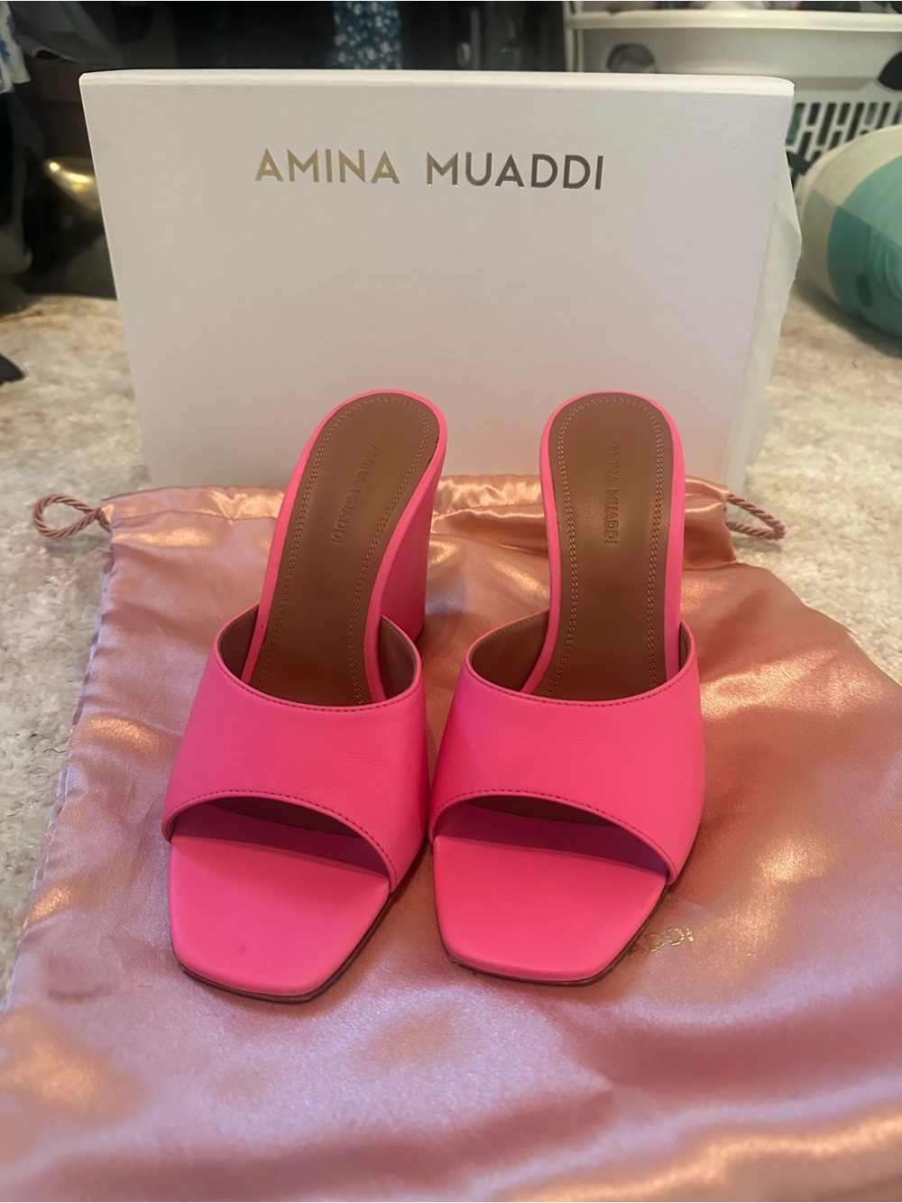 Amina Muaddi Neon Pink Square-Toe Slide Mules